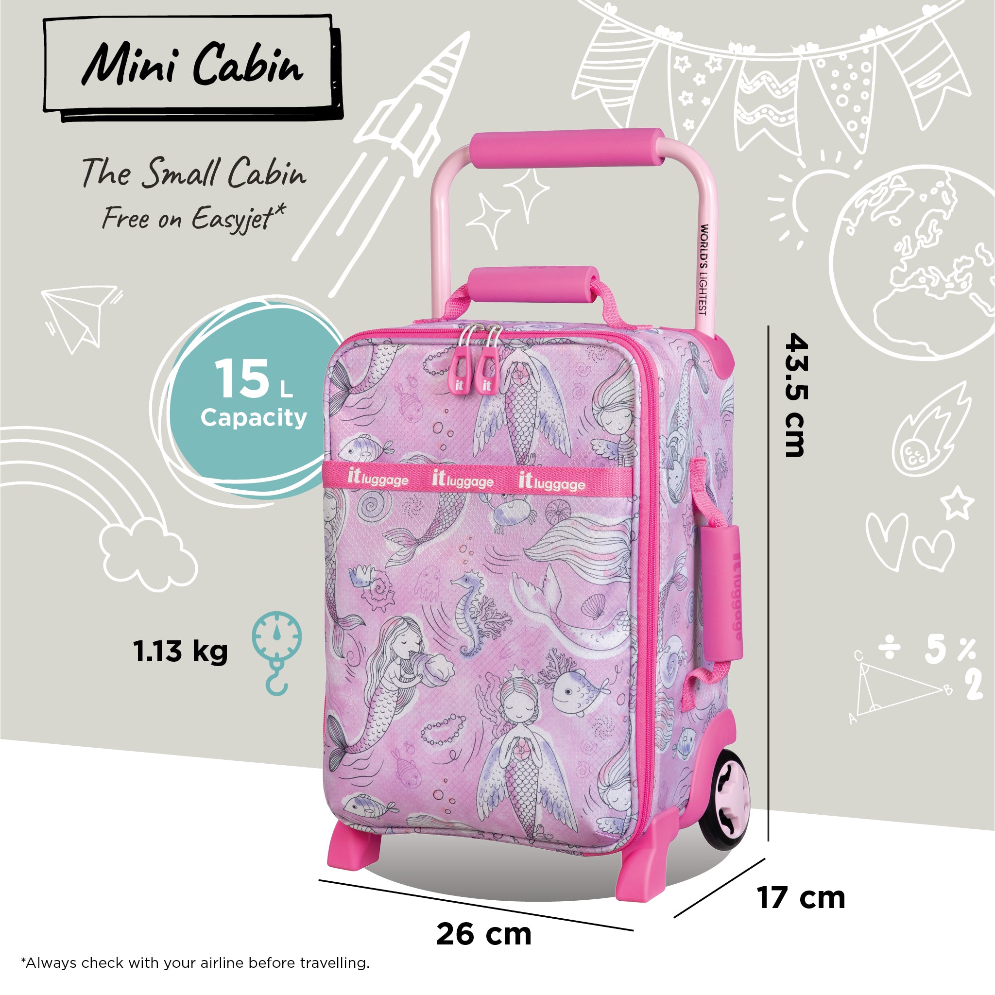 it Luggage Curiosity Kids Underseat in Pink Mermaid Print